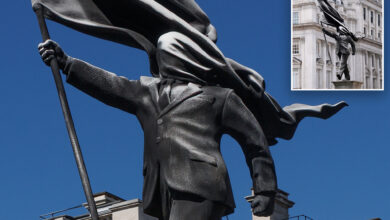 Banksy confirms new statue in London of man blinded by a flag is his work