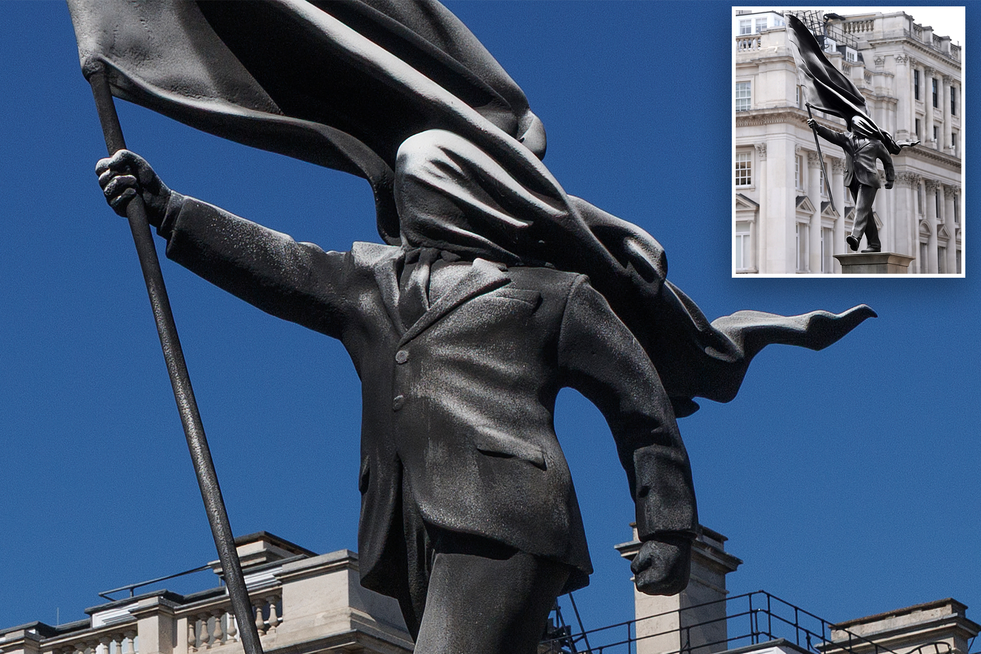 Banksy confirms new statue in London of man blinded by a flag is his work