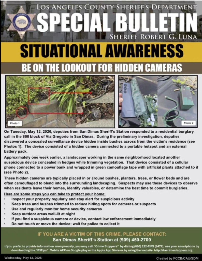 Chilling warning from SoCal police after hidden cameras discovered outside homes