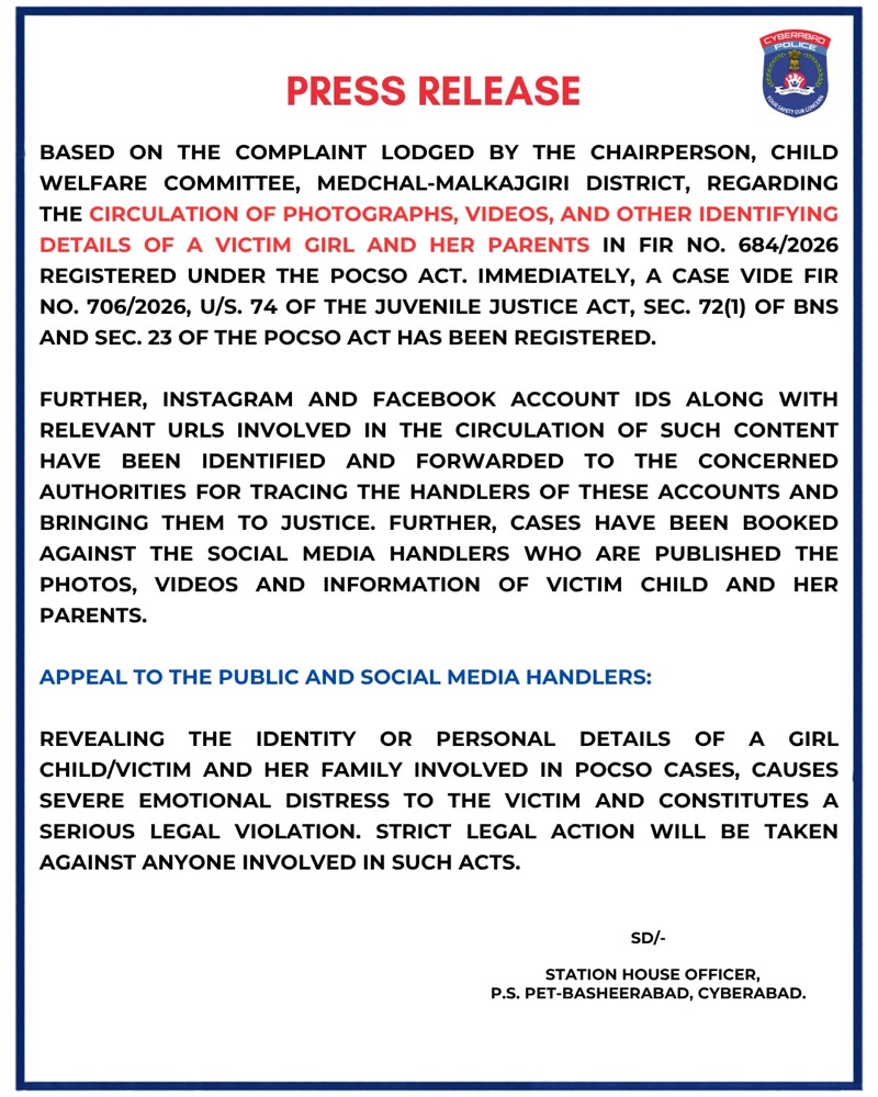 Cyberabad Police Register Cases Against Social Media Accounts for Sharing Minor Victim’s Photos and Videos in POCSO Case | Telangana Tribune