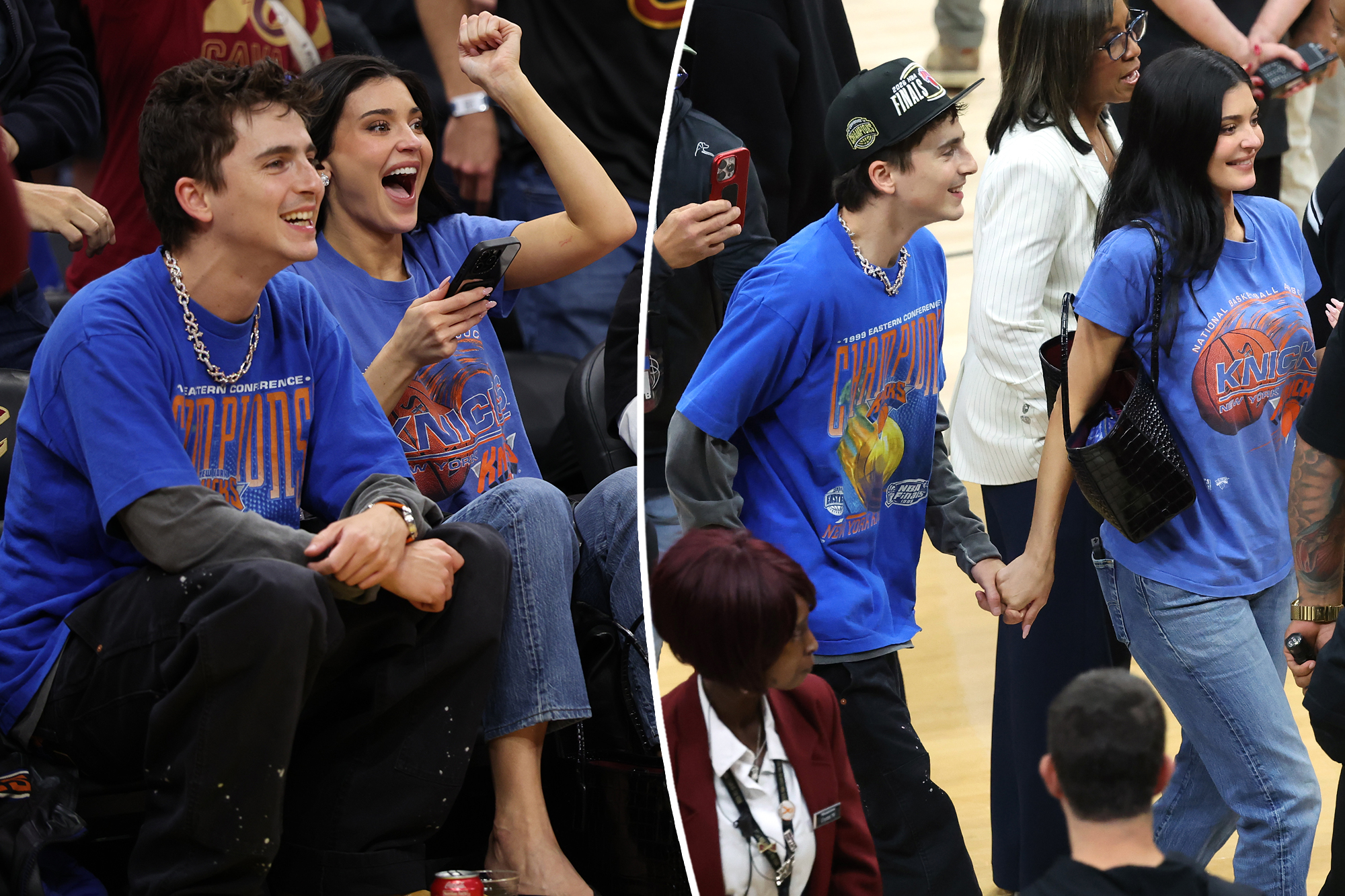 Kylie Jenner and Timothée Chalamet cheer Knicks to victory in matching vintage merch