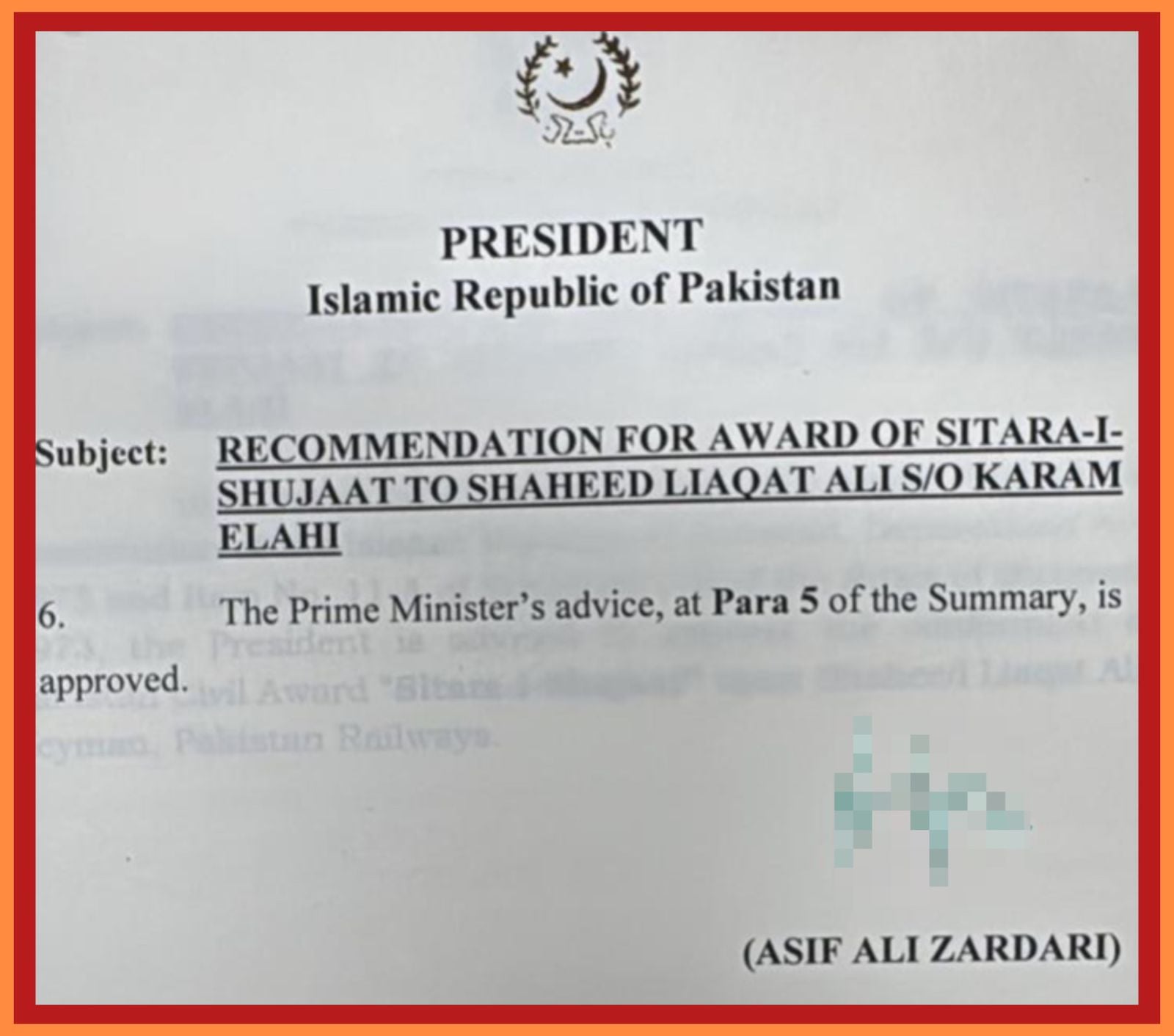 Liaqat Shaheed awarded Sitara-e-Shujaat for heroic sacrifice near Kohat