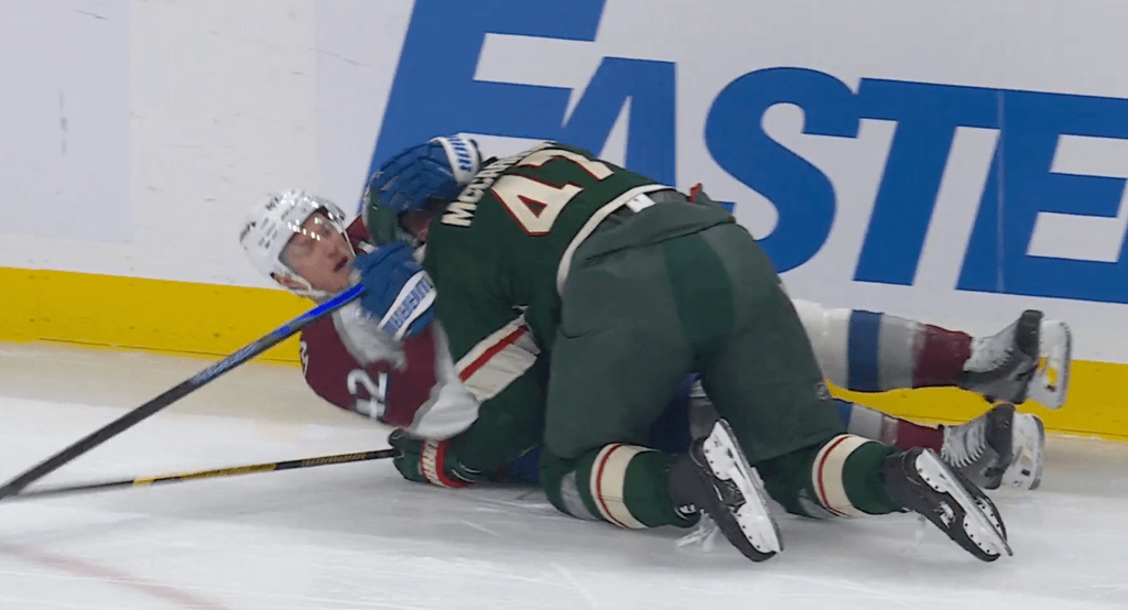 Michael McCarron rips ‘dirty’ Josh Manson for butt-end to face as tensions flair in Wild-Avalanche series