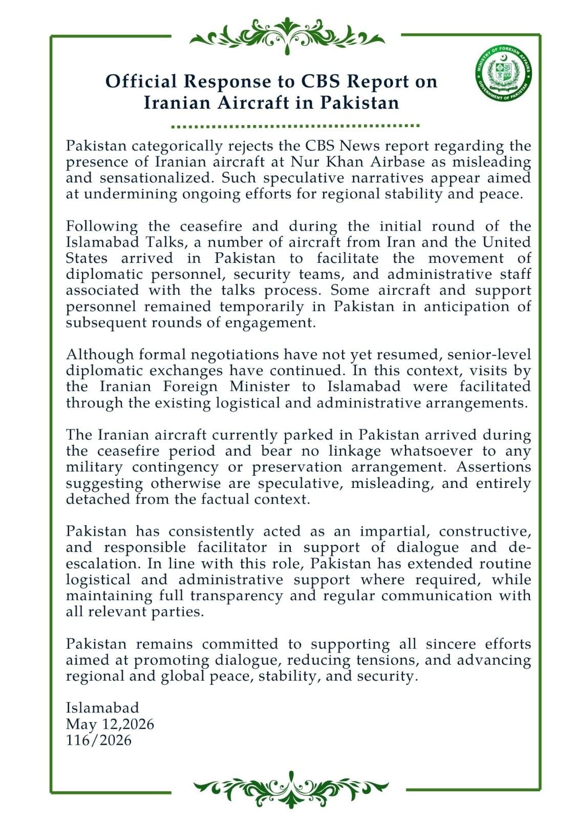 Pakistan rejects CBS report on Iranian aircraft at Nur Khan Airbase
