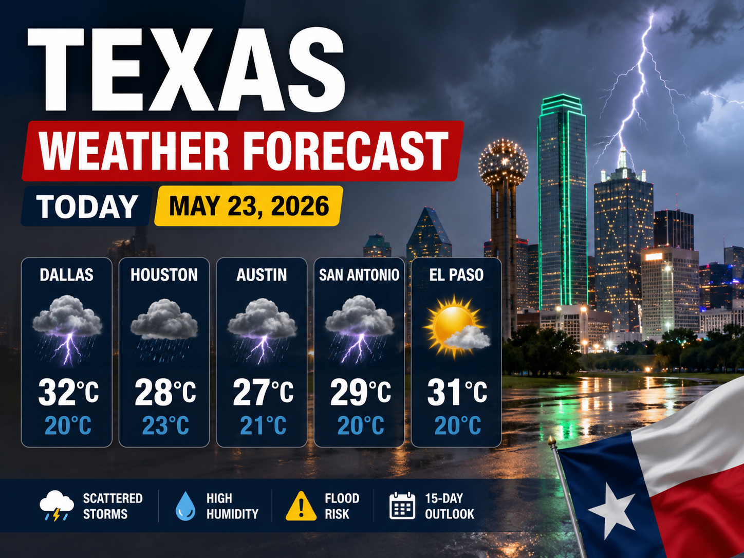 Texas Weather Forecast Today (May 23, 2026): Dallas, Houston, Austin, San Antonio & El Paso Temperature Update