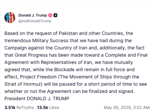Trump puts hold to ‘Project Freedom’, citing deal progress, request from Pakistan | The Express Tribune