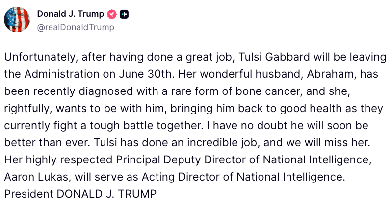 Tulsi Gabbard’s resignation: While the DNI cites her husband’s cancer diagnosis, the fallout with Trump administration has been visible for months