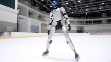 Unitree G1 humanoid robot ice skates and rollerblades
