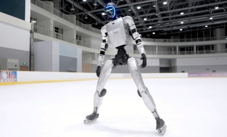 Unitree G1 humanoid robot ice skates and rollerblades