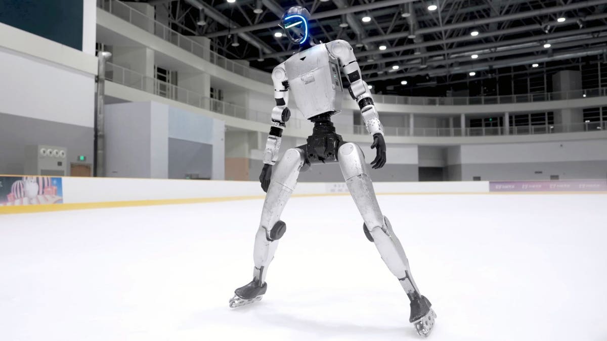 Unitree G1 humanoid robot ice skates and rollerblades