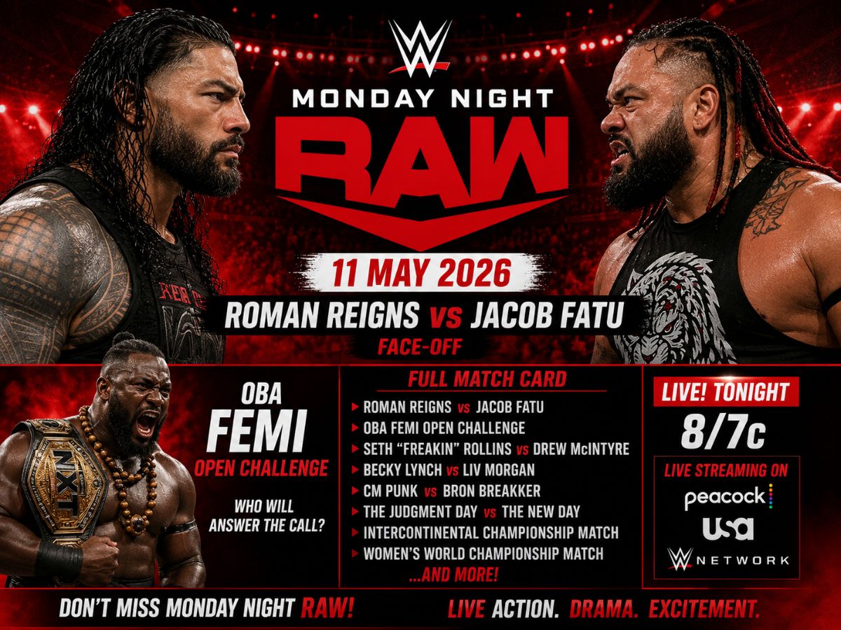 WWE Monday Night RAW (11 May 2026): Roman Reigns, Jacob Fatu Face-Off, Oba Femi Open Challenge — Check Full Match Card And Live Streaming Details